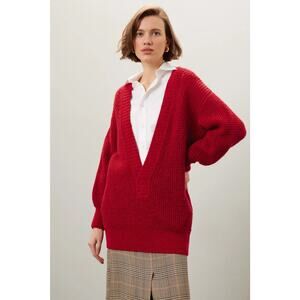 Scotch & Soda Red Deep V-Neck Chunky Knit Sweater Size L